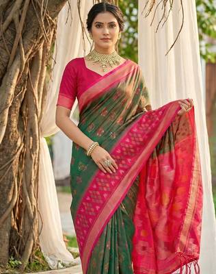 olive green pochampalli silk blend saree  4