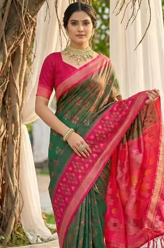 olive green pochampalli silk blend saree 