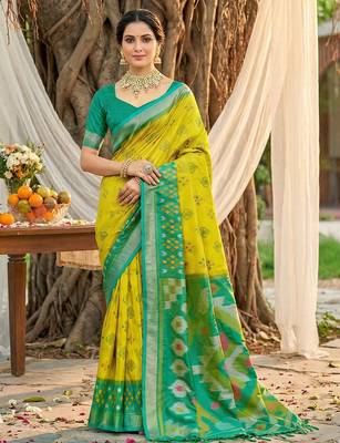 mustard yellow pochampalli silk blend saree  1