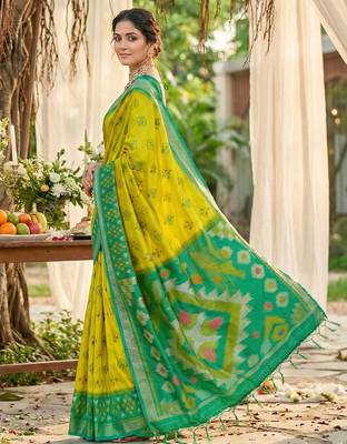 mustard yellow pochampalli silk blend saree  2