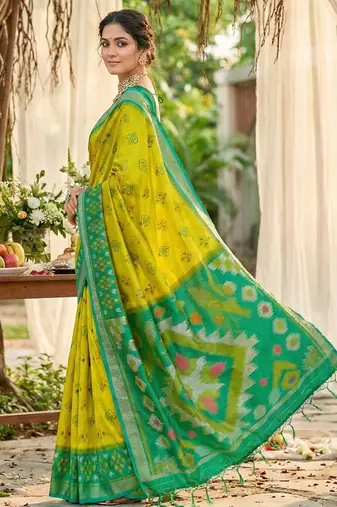 mustard yellow pochampalli silk blend saree 
