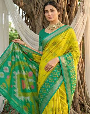 mustard yellow pochampalli silk blend saree  3