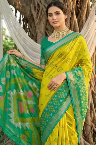 mustard yellow pochampalli silk blend saree 