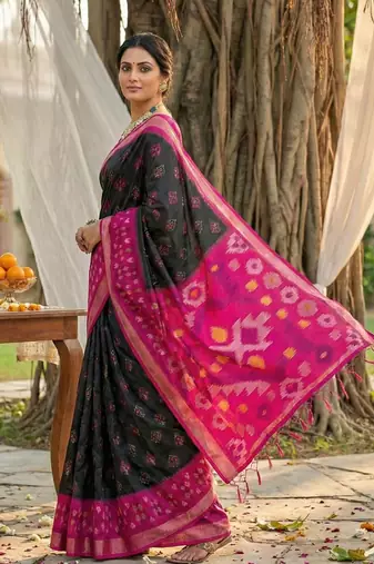 black pochampalli silk blend saree 