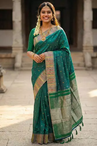 Sutriti bottle green zari woven banarasi style semi-silk saree | elegant temple wear with rich pallu & blouse