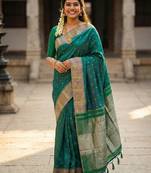Sutriti bottle green zari woven banarasi style semi-silk saree | elegant temple wear with rich pallu & blouse
