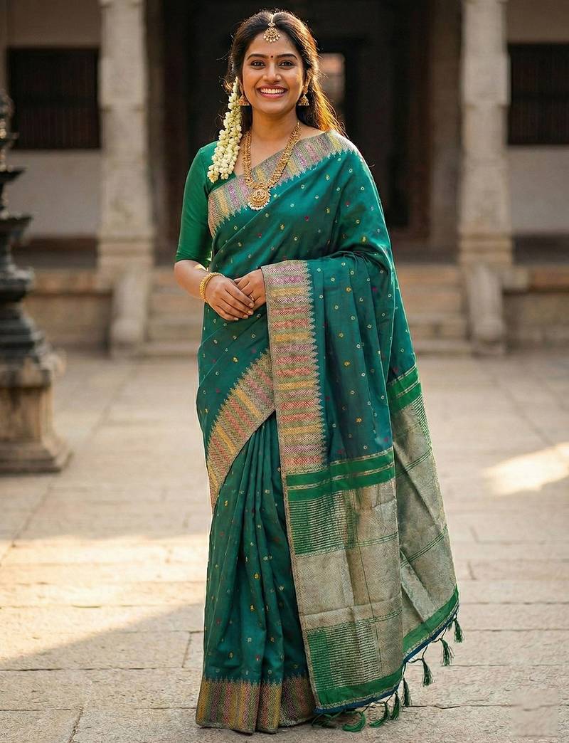 Sutriti bottle green zari woven banarasi style semi-silk saree | elegant temple wear with rich pallu & blouse
