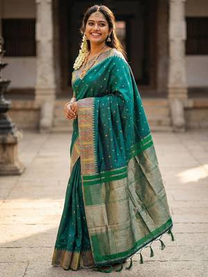 bottle green zari woven banarasi style semi-silk blend saree  2
