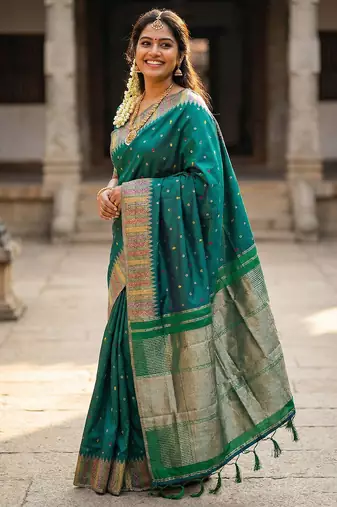 bottle green zari woven banarasi style semi-silk blend saree 