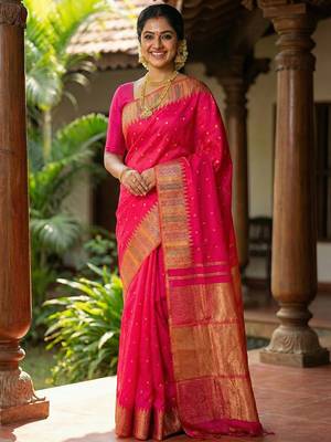 hot rani pink bridal style soft lichi silk blend saree  1