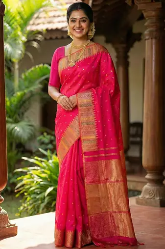 Sutriti hot rani pink bridal style soft lichi silk saree | heavy zari woven border & pallu for wedding guests