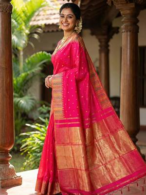 hot rani pink bridal style soft lichi silk blend saree  2