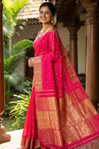 hot rani pink bridal style soft lichi silk blend saree 