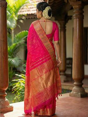 hot rani pink bridal style soft lichi silk blend saree  3