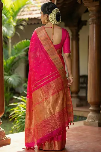 hot rani pink bridal style soft lichi silk blend saree 
