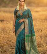 Sutriti bottle green zari woven banarasi style semi-silk saree | elegant temple wear with rich pallu & blouse