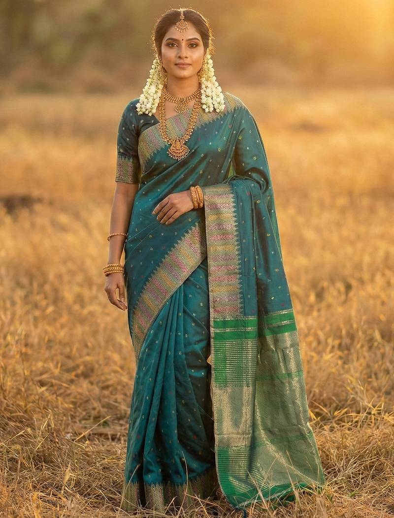 Sutriti bottle green zari woven banarasi style semi-silk saree | elegant temple wear with rich pallu & blouse