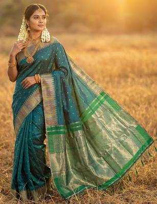 bottle green zari woven banarasi style semi-silk blend saree  2