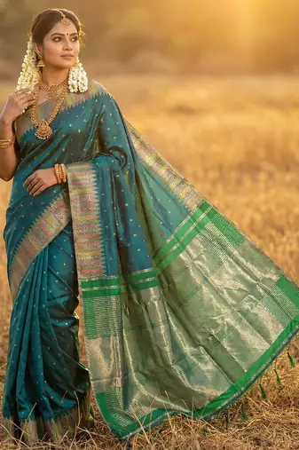 bottle green zari woven banarasi style semi-silk blend saree 