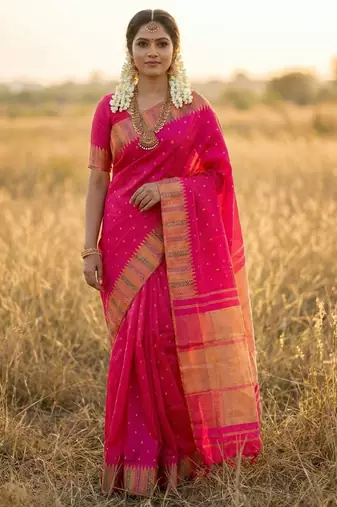 Sutriti hot rani pink bridal style soft lichi silk saree | heavy zari woven border & pallu for wedding guests