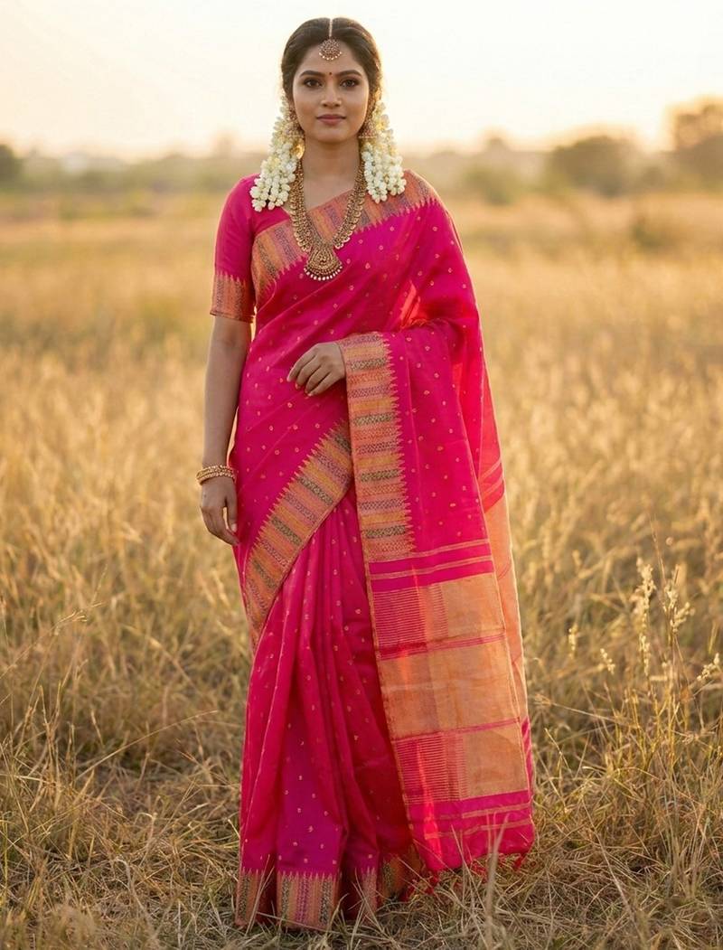 Sutriti hot rani pink bridal style soft lichi silk saree | heavy zari woven border & pallu for wedding guests