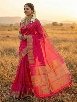 hot rani pink bridal style soft lichi silk blend saree  2
