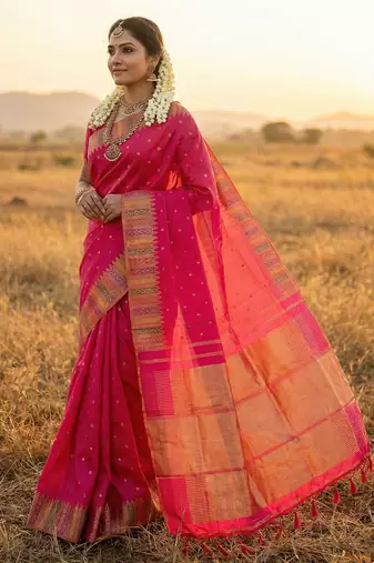 hot rani pink bridal style soft lichi silk blend saree 