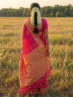 hot rani pink bridal style soft lichi silk blend saree  3