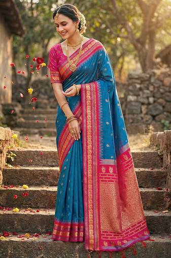 Sutriti graceful blue banarasi silk saree with golden zari woven border & floral jaal – wedding & festive wear