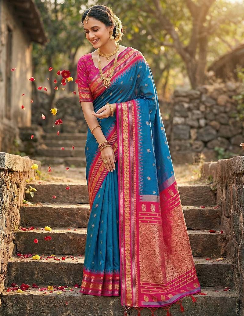 Sutriti graceful blue banarasi silk saree with golden zari woven border & floral jaal – wedding & festive wear