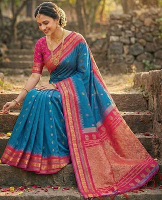 blue banarasi silk blend saree with golden zari woven border 2