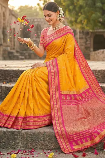yellow banarasi silk blend saree with golden zari woven border