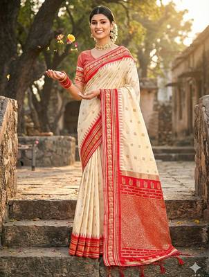 cream banarasi silk blend saree with golden zari woven border 1
