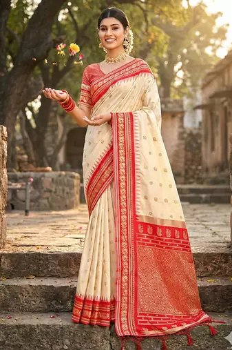 Sutriti graceful cream banarasi silk saree with golden zari woven border & floral jaal – wedding & festive wear