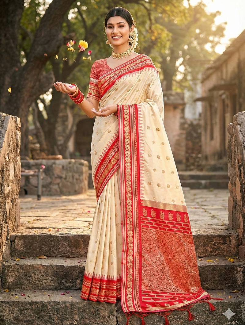Sutriti graceful cream banarasi silk saree with golden zari woven border & floral jaal – wedding & festive wear