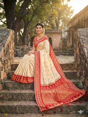 cream banarasi silk blend saree with golden zari woven border 3