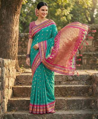 sea green banarasi silk blend saree with golden zari woven border 2