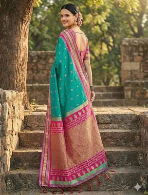 sea green banarasi silk blend saree with golden zari woven border 3