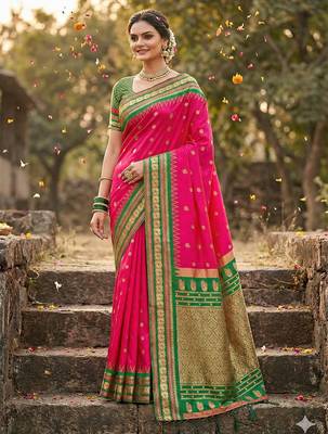 pink banarasi silk blend saree with golden zari woven border 1