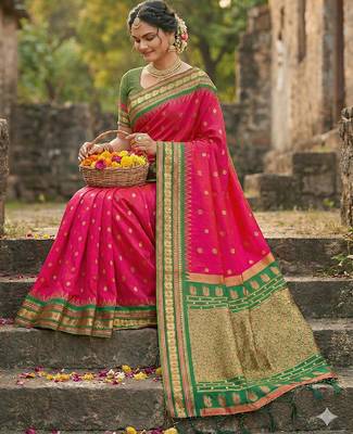 pink banarasi silk blend saree with golden zari woven border 3