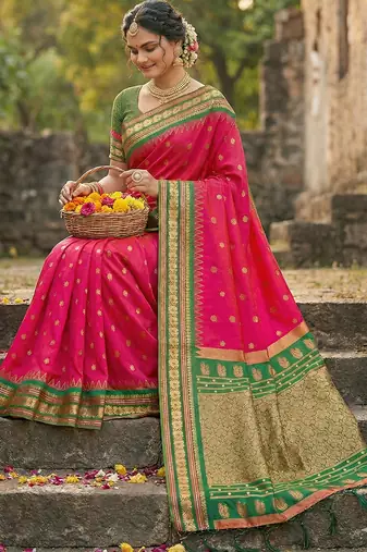 pink banarasi silk blend saree with golden zari woven border