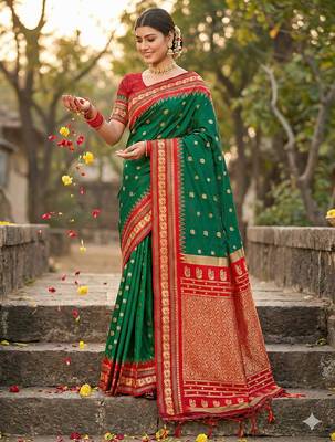 green banarasi silk blend saree with golden zari woven border 2