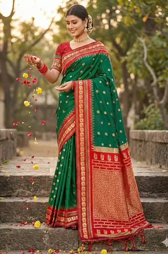 Sutriti graceful green banarasi silk saree with golden zari woven border & floral jaal     wedding & festive wear