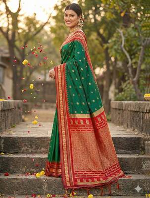 green banarasi silk blend saree with golden zari woven border 3