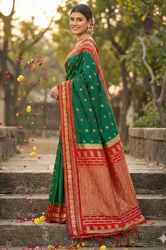 Sutriti graceful green banarasi silk saree with golden zari woven border & floral jaal     wedding & festive wear