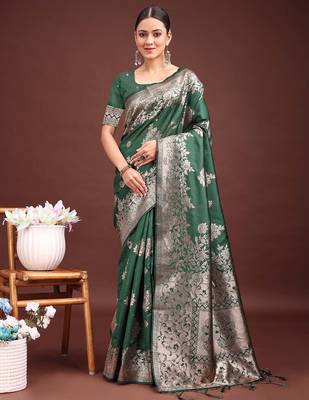 emerald green soft silk blend saree with heavy silver zari weaving 2