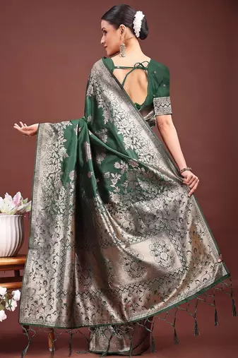 emerald green soft silk blend saree with heavy silver zari weaving