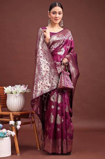 Sutriti rich wine purple woven soft silk saree - party wear