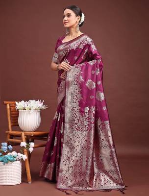 rich wine purple woven soft silk blend saree - party wear 4