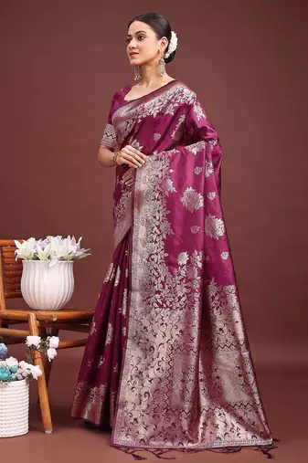rich wine purple woven soft silk blend saree - party wear